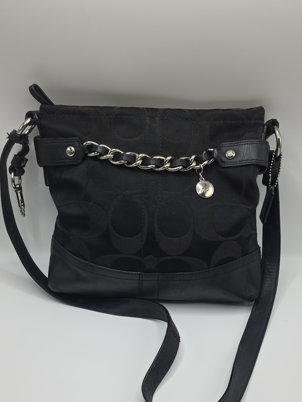 Coach Black Signature Canvas Crossbody with Silver Chain